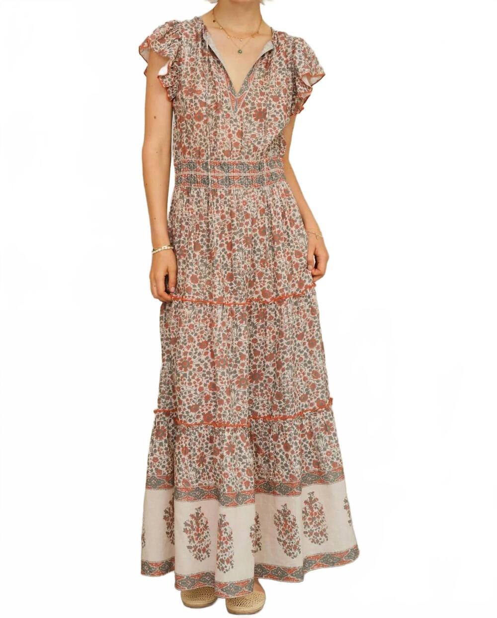 NEW M.A.B.E. women's della print maxi dress in rust